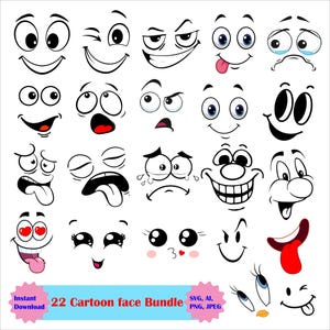 Peut inclure: Ensemble de 22 visages de dessins animés en noir et blanc, exprimant diverses émotions : joie, tristesse, colère. Le texte "22 Cartoon face Bundle" et "Instant Download" est également présent.