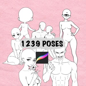 May include: Digital art base poses with the text "1239 POSES" on a pink background. The image features several stylized human figures in various poses, with a Procreate app icon.