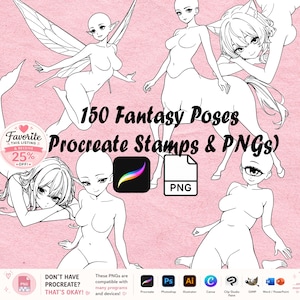 Puede incluir: Una colección digital de 150 poses de fantasía con ilustraciones de líneas de varios personajes, incluyendo un hada, un centauro y un cíclope. La imagen incluye iconos de archivos Procreate y PNG, junto con el texto 150 Fantasy Poses Procreate Stamps & PNGs.