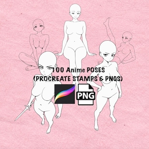 May include: Digital art featuring five anime figure outlines in various poses. The image includes the text "100 Anime POSES (PROCREATE STAMPS & PNGS)" along with the Procreate and PNG logos. The background is a solid pink color.