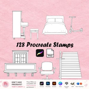 Pode incluir: Uma coleção digital de 128 carimbos Procreate com ilustrações de linhas em preto e branco de um piano, cama, patinete, janela, cadeira e espada. O conjunto inclui arquivos PNG compatíveis com vários softwares de design e dispositivos.