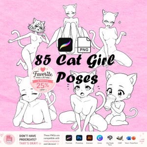 以下が含まれることがあります： 黒と白の線画で描かれた85種類の猫耳少女のポーズ集。画像には、箱の中に座ったりグラスを持ったりしている、猫耳と尻尾を持つ様々なアニメスタイルのキャラクターが描かれています。