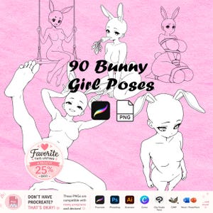 May include: A digital art collection titled 90 Bunny Girl Poses featuring black and white line art illustrations of characters with rabbit ears in various positions, including sitting on a swing, eating a carrot, and bound with rope.