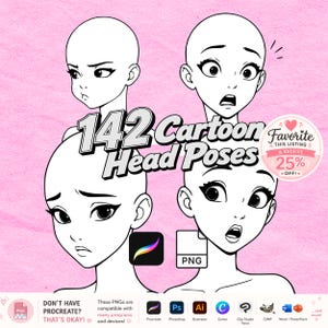 May include: A digital collection of 142 cartoon head poses featuring various facial expressions in black and white line art. The image includes text reading 142 Cartoon Head Poses, PNG and Procreate icons, and a circular badge with text about a discount.