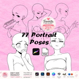 May include: A digital collection of 77 black and white anime-style portrait poses featuring various characters in different expressions and positions. The image includes text reading 77 Portrait Poses, icons for Procreate and PNG files, and software logos.