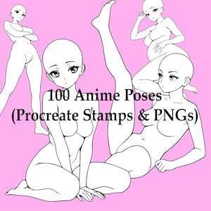 Könnte beinhalten: Strichzeichnungen von vier Anime-Figuren in verschiedenen Posen vor einem rosa Hintergrund. Der Text "100 Anime Poses (Procreate Stamps & PNGs)" wird in schwarzer Schrift angezeigt.