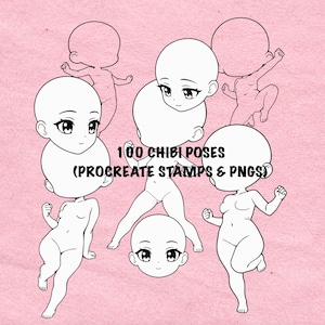 Könnte beinhalten: Eine Sammlung von schwarz-weißen Chibi-Charakterposen mit verschiedenen Haltungen und Gesichtsausdrücken. Der Text 100 CHIBI POSES (PROCREATE STAMPS & PNGS) ist in der Mitte dieses digitalen Illustrationssets zentriert.