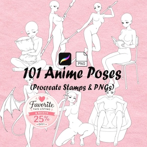 May include: A digital collection of 101 anime poses featuring line art figures in various stances, including holding a pillow, a spear, a book, and a sword, with wings and a bathtub. Text reads 101 Anime Poses (Procreate Stamps & PNGs).