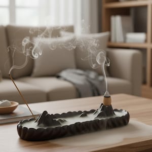 May include: A dark brown ceramic incense holder shaped like a mountain range, with incense smoke rising. The holder sits on a wooden table, with a lit incense stick and a cone-shaped incense. The background includes a sofa and a bookshelf.