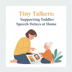 Puede incluir: Ilustración de una mujer y un niño mirando un libro de imágenes. El texto "Tiny Talkers: Supporting Toddler Speech Delays at Home" está en la parte superior de la imagen. La mujer y el niño llevan ropa amarilla y naranja.