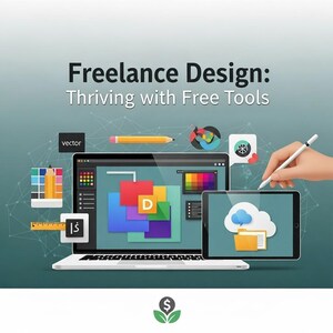 May include: A laptop, tablet, and hand holding a stylus are featured in this image. The laptop displays design software interfaces. The text reads "Freelance Design: Thriving with Free Tools."