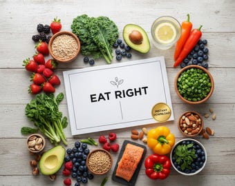 May include: An overhead shot of a variety of fresh, colorful foods arranged on a light wood surface. The arrangement includes berries, vegetables, nuts, grains, and a piece of salmon. A sign that says "EAT RIGHT" is in the center.
