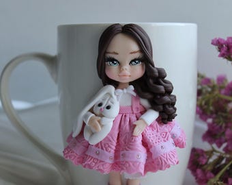 Custom Mug: polymer clay Girl with Bunny - Personalized Coffee Cup