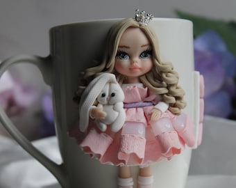 Handmade Doll Mug: Polymer Clay Girl Cup, Personalized Gift