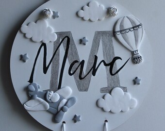 Handmade Personalized Baby Name Sign: Custom Birth Stats Plaque, Airplane & Clouds