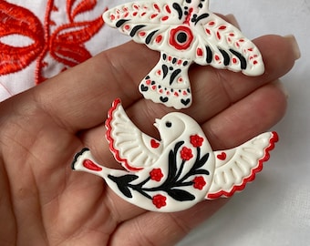 Handmade Polymer Clay Birds – Folk Art Brooches, Symbol of Peace and Love