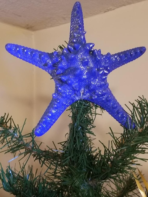 Baumspitze beleuchtete Lichterkette silber glitzernd Gold Aqua Blau Seestern Ornament Weihnachtsschmuck Weihnachtsbaumspitze beleuchtet
