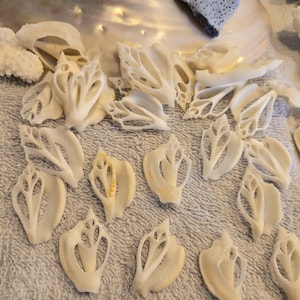 May include: An assortment of off-white, intricately carved seashells and coral fragments. The shells have a delicate, openwork design, resembling leaves or wings. The coral is a textured, branching structure. The items are arranged on a light gray surface.