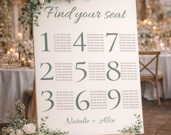 Greenery Wedding Seating Chart Sign, Editable Canva Template
