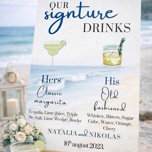 Ocean wedding signs bundle featuring a coordinated set of 13 printable ceremony and reception signs, including welcome sign, seating chart, timeline, bar signs, guest book, cards and gifts, favors, reserved, unplugged ceremony, and table numbers. Soft blue ocean background with elegant coastal typography creates a romantic beach and destination wedding look. Fully editable in Canva and available in multiple sizes, perfect for seaside, coastal, and tropical weddings.