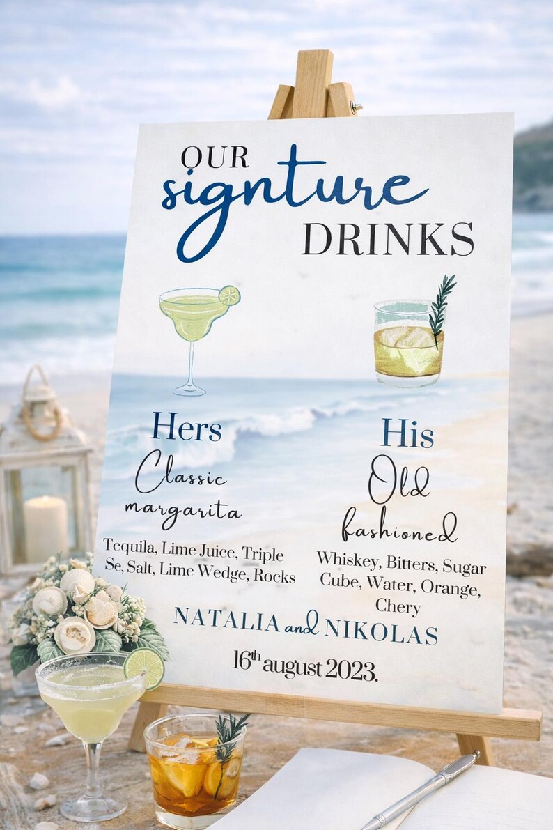 Ocean wedding signs bundle featuring a coordinated set of 13 printable ceremony and reception signs, including welcome sign, seating chart, timeline, bar signs, guest book, cards and gifts, favors, reserved, unplugged ceremony, and table numbers. Soft blue ocean background with elegant coastal typography creates a romantic beach and destination wedding look. Fully editable in Canva and available in multiple sizes, perfect for seaside, coastal, and tropical weddings.