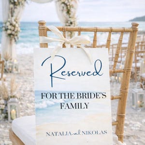 Ocean wedding signs bundle featuring a coordinated set of 13 printable ceremony and reception signs, including welcome sign, seating chart, timeline, bar signs, guest book, cards and gifts, favors, reserved, unplugged ceremony, and table numbers. Soft blue ocean background with elegant coastal typography creates a romantic beach and destination wedding look. Fully editable in Canva and available in multiple sizes, perfect for seaside, coastal, and tropical weddings.