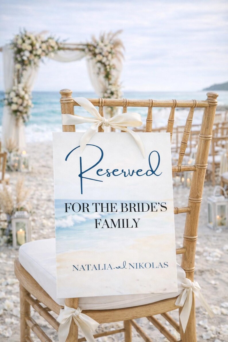 Ocean wedding signs bundle featuring a coordinated set of 13 printable ceremony and reception signs, including welcome sign, seating chart, timeline, bar signs, guest book, cards and gifts, favors, reserved, unplugged ceremony, and table numbers. Soft blue ocean background with elegant coastal typography creates a romantic beach and destination wedding look. Fully editable in Canva and available in multiple sizes, perfect for seaside, coastal, and tropical weddings.