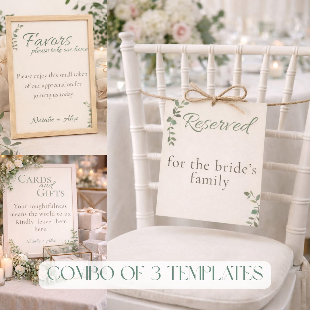 Greenery Wedding Table and Seating Bundle Signs Set, 3 Editable Canva ...
