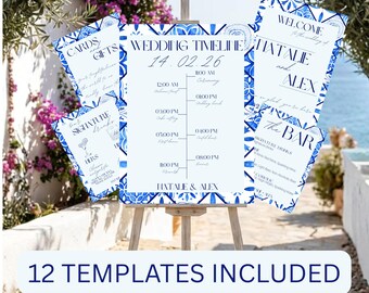 May include: A wooden easel displays wedding signage with a blue and white tile design. The signs include a wedding timeline, welcome message, bar menu, and gift information. The text "12 TEMPLATES INCLUDED" is at the bottom.