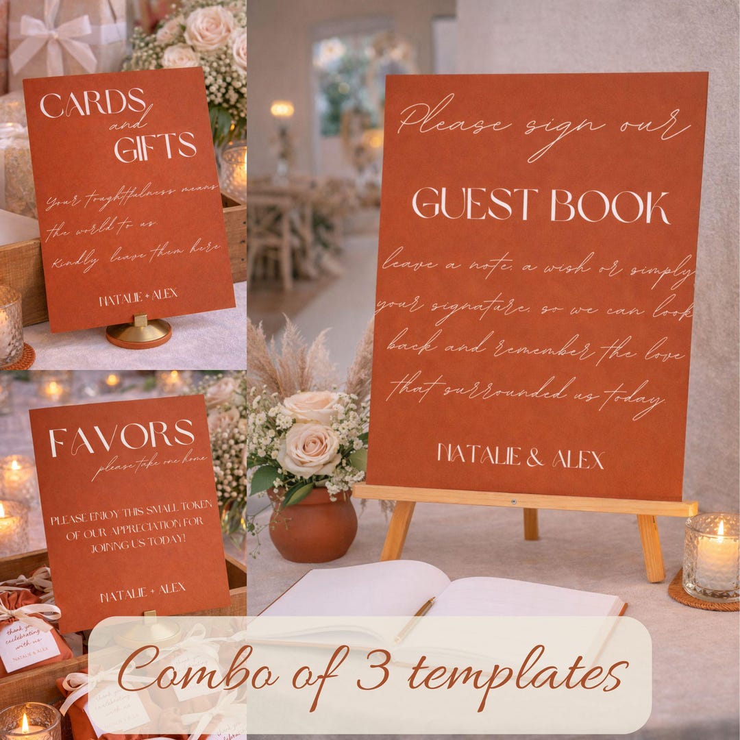 Terracotta Wedding Reception Table Sign Set Gifts Guest Book Favors ...