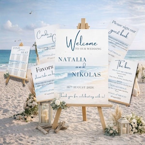 Ocean wedding signs bundle featuring a coordinated set of 13 printable ceremony and reception signs, including welcome sign, seating chart, timeline, bar signs, guest book, cards and gifts, favors, reserved, unplugged ceremony, and table numbers. Soft blue ocean background with elegant coastal typography creates a romantic beach and destination wedding look. Fully editable in Canva and available in multiple sizes, perfect for seaside, coastal, and tropical weddings.