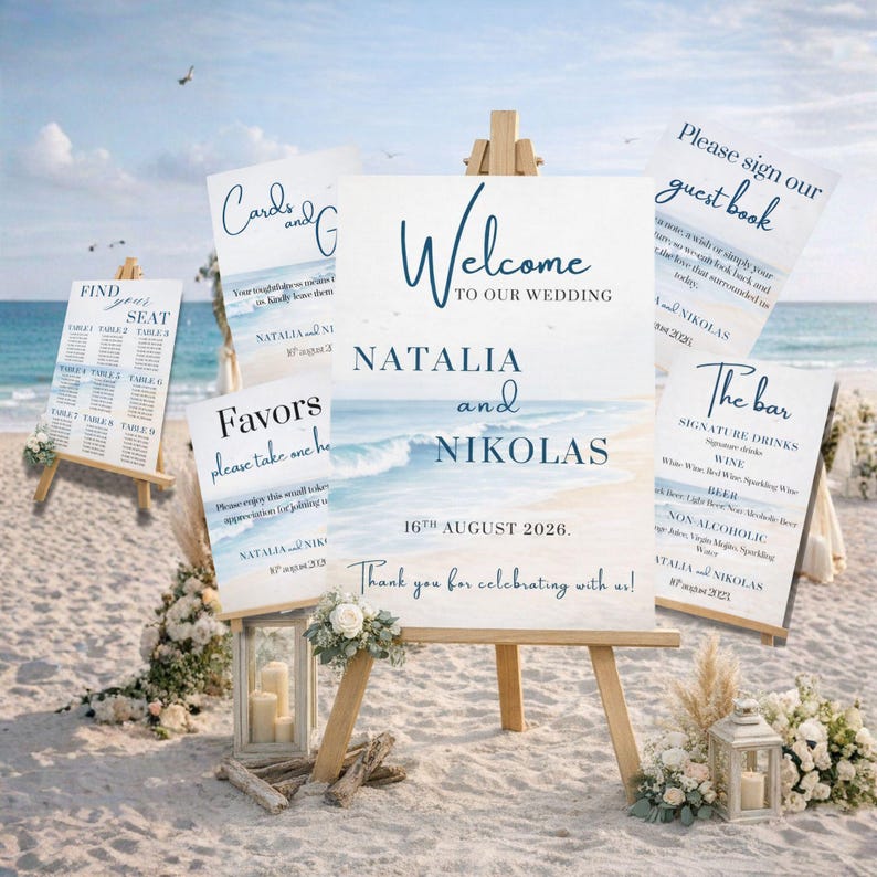 Ocean wedding signs bundle featuring a coordinated set of 13 printable ceremony and reception signs, including welcome sign, seating chart, timeline, bar signs, guest book, cards and gifts, favors, reserved, unplugged ceremony, and table numbers. Soft blue ocean background with elegant coastal typography creates a romantic beach and destination wedding look. Fully editable in Canva and available in multiple sizes, perfect for seaside, coastal, and tropical weddings.