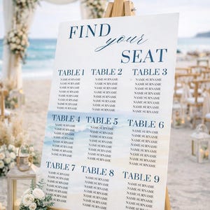 Ocean wedding signs bundle featuring a coordinated set of 13 printable ceremony and reception signs, including welcome sign, seating chart, timeline, bar signs, guest book, cards and gifts, favors, reserved, unplugged ceremony, and table numbers. Soft blue ocean background with elegant coastal typography creates a romantic beach and destination wedding look. Fully editable in Canva and available in multiple sizes, perfect for seaside, coastal, and tropical weddings.