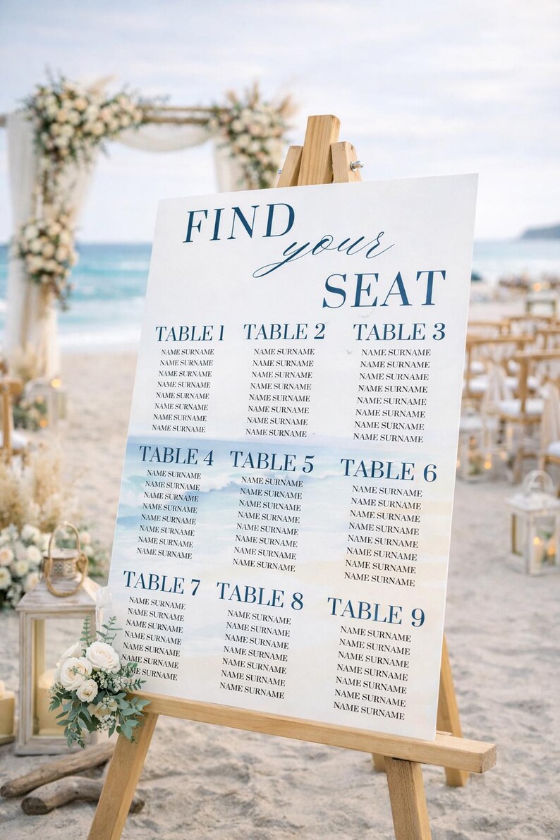 Ocean wedding signs bundle featuring a coordinated set of 13 printable ceremony and reception signs, including welcome sign, seating chart, timeline, bar signs, guest book, cards and gifts, favors, reserved, unplugged ceremony, and table numbers. Soft blue ocean background with elegant coastal typography creates a romantic beach and destination wedding look. Fully editable in Canva and available in multiple sizes, perfect for seaside, coastal, and tropical weddings.