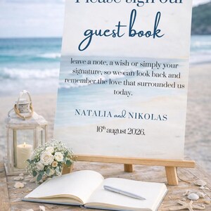 Ocean wedding signs bundle featuring a coordinated set of 13 printable ceremony and reception signs, including welcome sign, seating chart, timeline, bar signs, guest book, cards and gifts, favors, reserved, unplugged ceremony, and table numbers. Soft blue ocean background with elegant coastal typography creates a romantic beach and destination wedding look. Fully editable in Canva and available in multiple sizes, perfect for seaside, coastal, and tropical weddings.