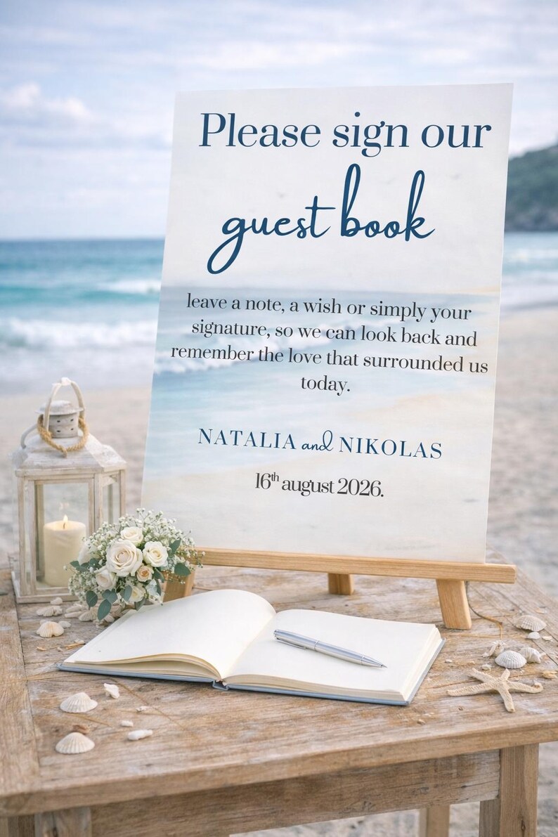 Ocean wedding signs bundle featuring a coordinated set of 13 printable ceremony and reception signs, including welcome sign, seating chart, timeline, bar signs, guest book, cards and gifts, favors, reserved, unplugged ceremony, and table numbers. Soft blue ocean background with elegant coastal typography creates a romantic beach and destination wedding look. Fully editable in Canva and available in multiple sizes, perfect for seaside, coastal, and tropical weddings.