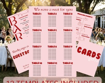 May include: A collection of pink wedding signage templates, including seating charts, bar menus, guest book signs, and cards/gifts signs. The templates feature a minimalist design with red text and are displayed on an easel outdoors.