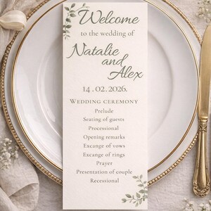 Greenery Hochzeitprogramm & Partyschild, bearbeitbare Canva Vorlage
