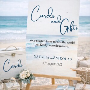 Ocean wedding signs bundle featuring a coordinated set of 13 printable ceremony and reception signs, including welcome sign, seating chart, timeline, bar signs, guest book, cards and gifts, favors, reserved, unplugged ceremony, and table numbers. Soft blue ocean background with elegant coastal typography creates a romantic beach and destination wedding look. Fully editable in Canva and available in multiple sizes, perfect for seaside, coastal, and tropical weddings.