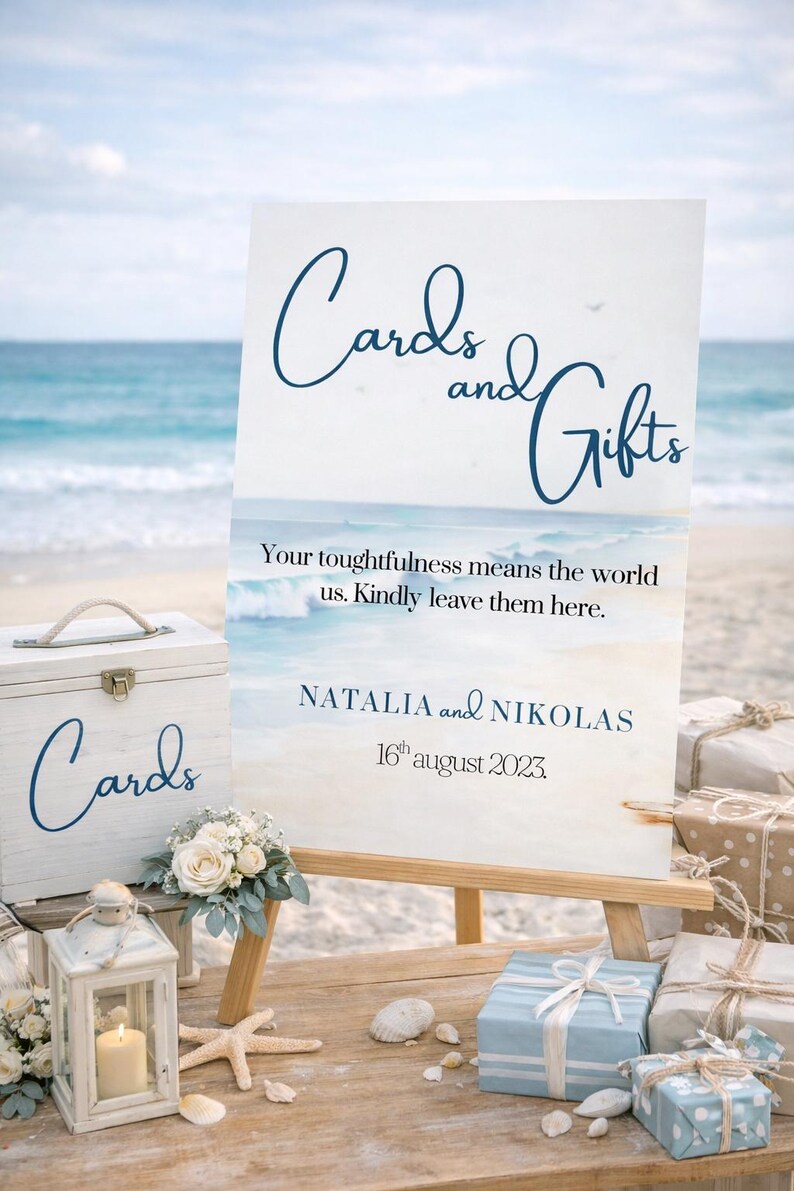 Ocean wedding signs bundle featuring a coordinated set of 13 printable ceremony and reception signs, including welcome sign, seating chart, timeline, bar signs, guest book, cards and gifts, favors, reserved, unplugged ceremony, and table numbers. Soft blue ocean background with elegant coastal typography creates a romantic beach and destination wedding look. Fully editable in Canva and available in multiple sizes, perfect for seaside, coastal, and tropical weddings.