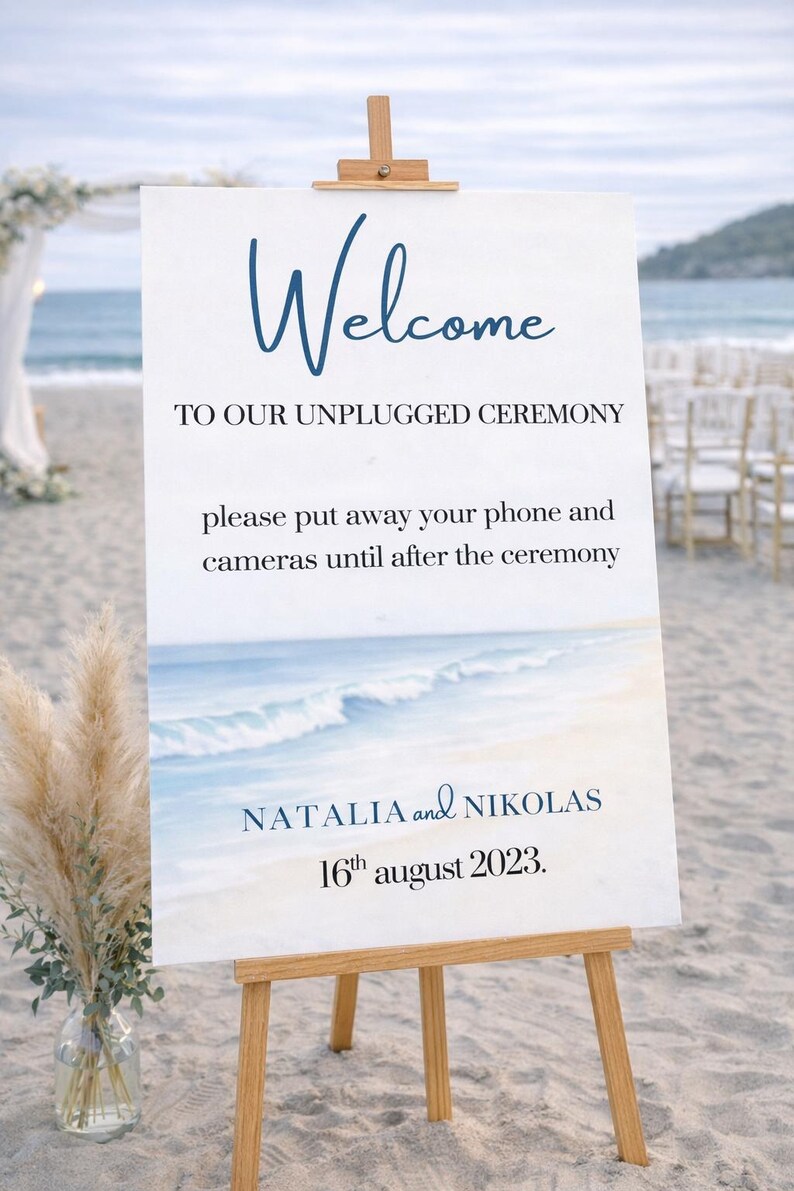 Ocean wedding signs bundle featuring a coordinated set of 13 printable ceremony and reception signs, including welcome sign, seating chart, timeline, bar signs, guest book, cards and gifts, favors, reserved, unplugged ceremony, and table numbers. Soft blue ocean background with elegant coastal typography creates a romantic beach and destination wedding look. Fully editable in Canva and available in multiple sizes, perfect for seaside, coastal, and tropical weddings.