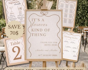 May include: A collection of wedding signage templates in light wood frames, featuring a central sign with the text IT'S A FOREVER KIND OF THING, THANK YOU FOR BEING HERE, Natalia and Nicolas, and 16TH AUGUST 2026, alongside table and drink menus.