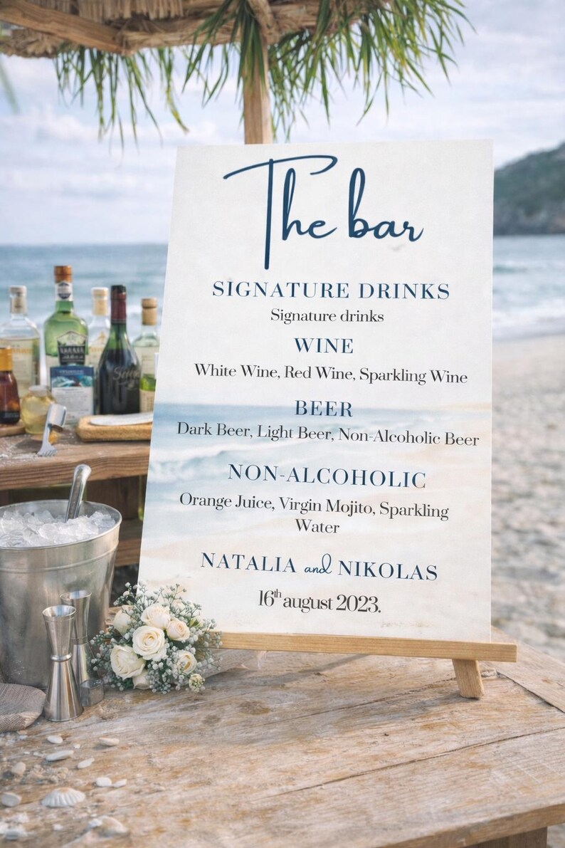 Ocean wedding signs bundle featuring a coordinated set of 13 printable ceremony and reception signs, including welcome sign, seating chart, timeline, bar signs, guest book, cards and gifts, favors, reserved, unplugged ceremony, and table numbers. Soft blue ocean background with elegant coastal typography creates a romantic beach and destination wedding look. Fully editable in Canva and available in multiple sizes, perfect for seaside, coastal, and tropical weddings.