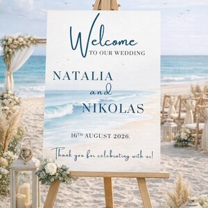 Ocean wedding signs bundle featuring a coordinated set of 13 printable ceremony and reception signs, including welcome sign, seating chart, timeline, bar signs, guest book, cards and gifts, favors, reserved, unplugged ceremony, and table numbers. Soft blue ocean background with elegant coastal typography creates a romantic beach and destination wedding look. Fully editable in Canva and available in multiple sizes, perfect for seaside, coastal, and tropical weddings.