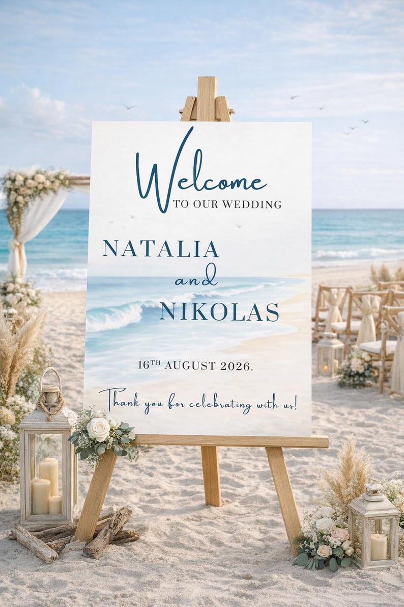 Ocean wedding signs bundle featuring a coordinated set of 13 printable ceremony and reception signs, including welcome sign, seating chart, timeline, bar signs, guest book, cards and gifts, favors, reserved, unplugged ceremony, and table numbers. Soft blue ocean background with elegant coastal typography creates a romantic beach and destination wedding look. Fully editable in Canva and available in multiple sizes, perfect for seaside, coastal, and tropical weddings.