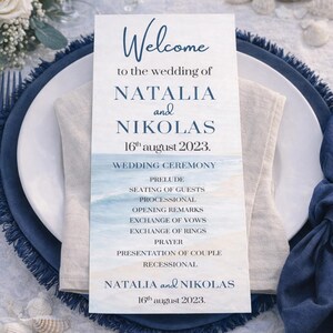 Ocean wedding signs bundle featuring a coordinated set of 13 printable ceremony and reception signs, including welcome sign, seating chart, timeline, bar signs, guest book, cards and gifts, favors, reserved, unplugged ceremony, and table numbers. Soft blue ocean background with elegant coastal typography creates a romantic beach and destination wedding look. Fully editable in Canva and available in multiple sizes, perfect for seaside, coastal, and tropical weddings.