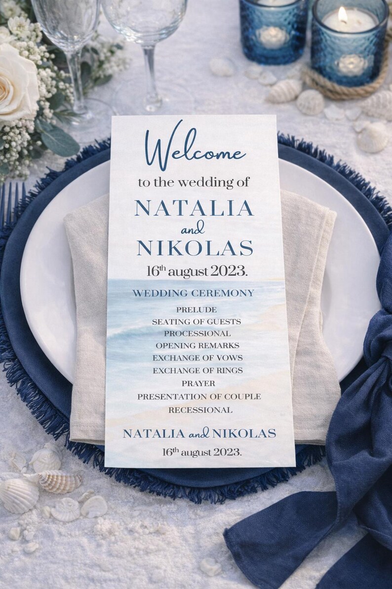 Ocean wedding signs bundle featuring a coordinated set of 13 printable ceremony and reception signs, including welcome sign, seating chart, timeline, bar signs, guest book, cards and gifts, favors, reserved, unplugged ceremony, and table numbers. Soft blue ocean background with elegant coastal typography creates a romantic beach and destination wedding look. Fully editable in Canva and available in multiple sizes, perfect for seaside, coastal, and tropical weddings.