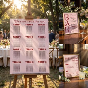 May include: A wedding seating chart on an easel, with the text "We save a seat for you" at the top. The chart lists table numbers and spaces for guest names. Two framed signs display "BAR" and "SIGNATURE DRINKS" menus.