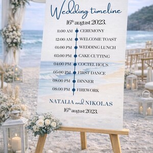 Ocean wedding signs bundle featuring a coordinated set of 13 printable ceremony and reception signs, including welcome sign, seating chart, timeline, bar signs, guest book, cards and gifts, favors, reserved, unplugged ceremony, and table numbers. Soft blue ocean background with elegant coastal typography creates a romantic beach and destination wedding look. Fully editable in Canva and available in multiple sizes, perfect for seaside, coastal, and tropical weddings.
