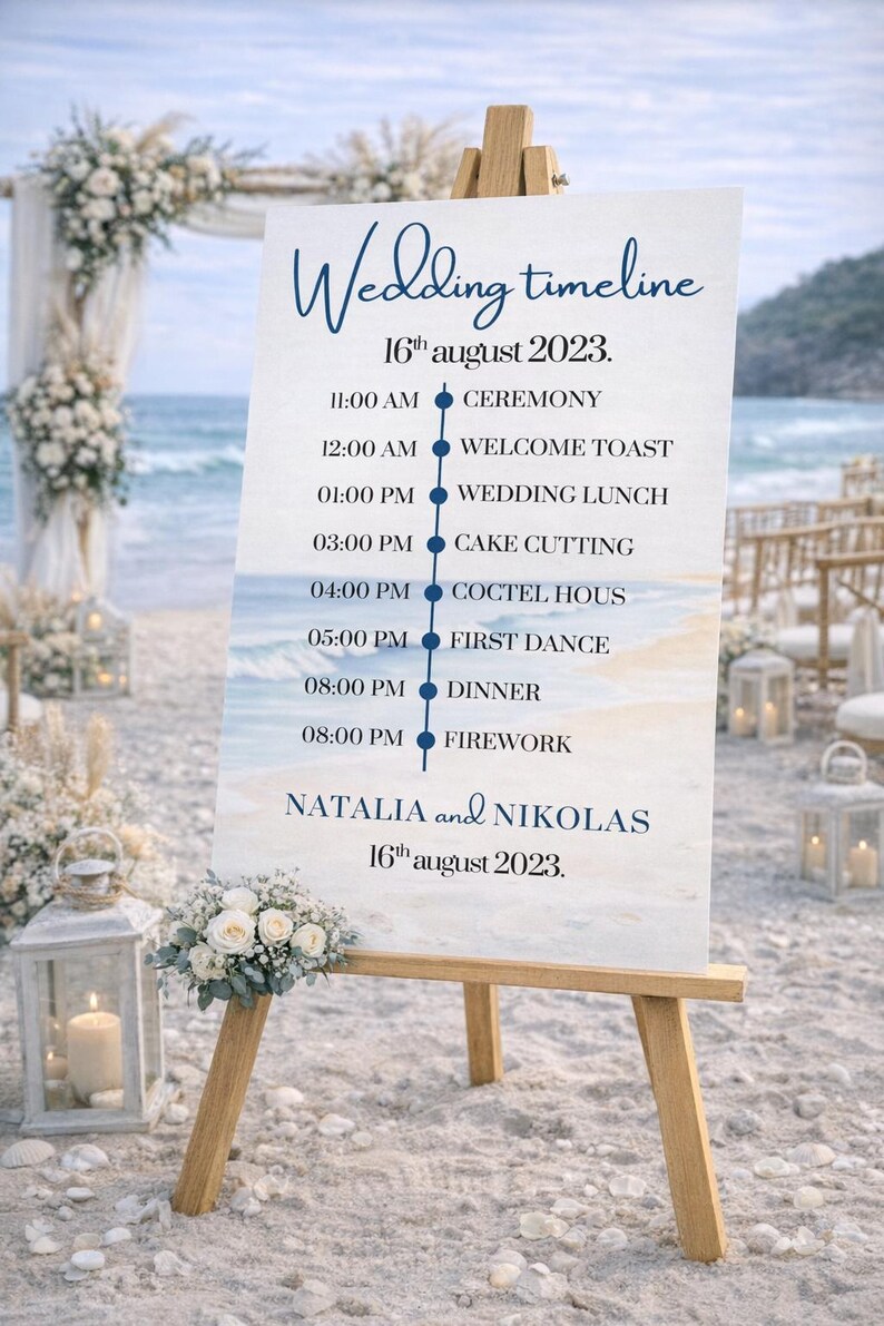 Ocean wedding signs bundle featuring a coordinated set of 13 printable ceremony and reception signs, including welcome sign, seating chart, timeline, bar signs, guest book, cards and gifts, favors, reserved, unplugged ceremony, and table numbers. Soft blue ocean background with elegant coastal typography creates a romantic beach and destination wedding look. Fully editable in Canva and available in multiple sizes, perfect for seaside, coastal, and tropical weddings.